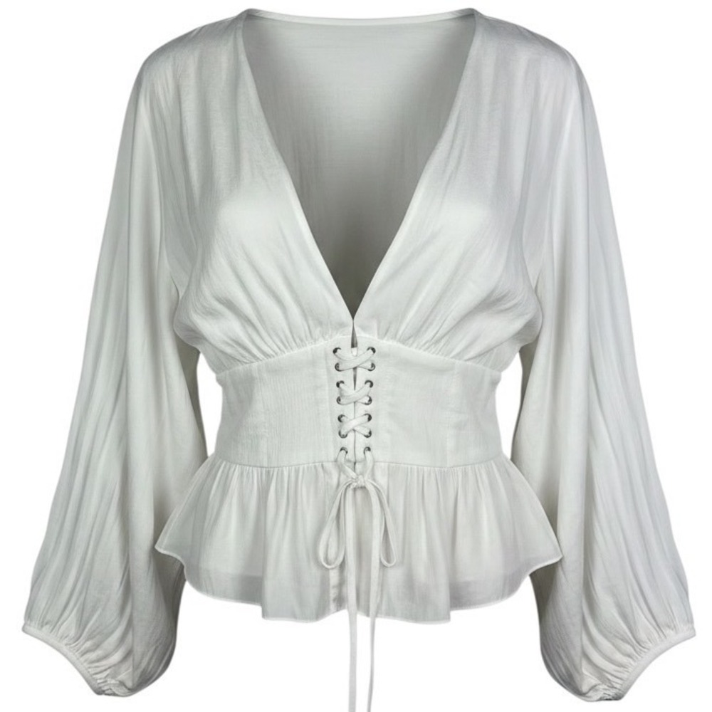 Free People Corset Top Large White Lace Up Balloon Sleeve Boho Coquette Romantic